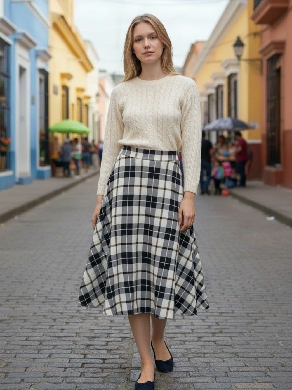 Ann Taylor Factory Navy, White and Gold Plaid A-Line Skirt
